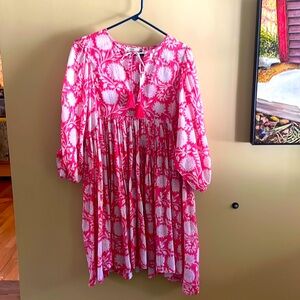 Cotton Block print dress, coral and breezy, knee length, M